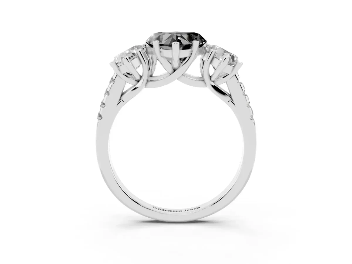 Fancy Black Three-Stone Heart Cut Diamond Ring with Round Pavé Band and Prong Setting Silver