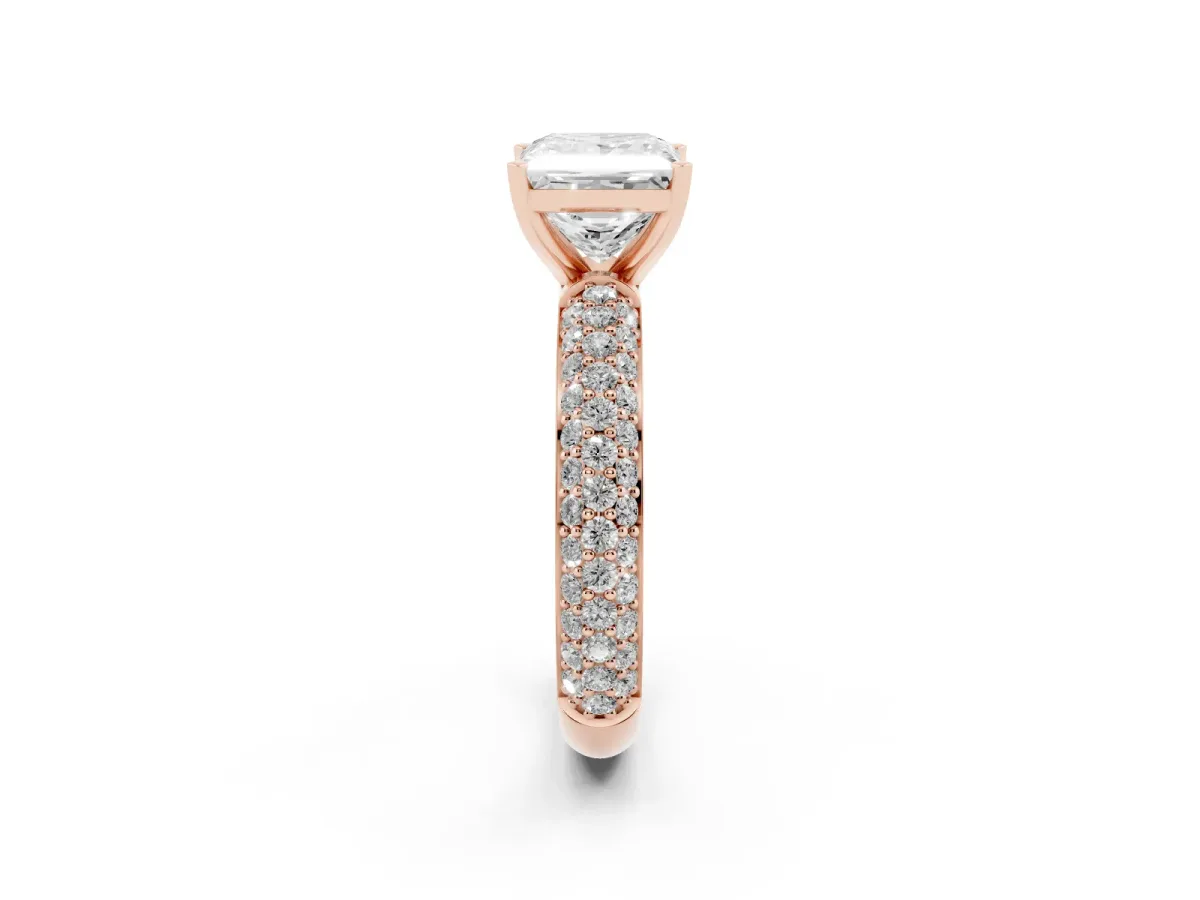Princess Cut Diamond Solitaire Ring with Prong Setting and Pavé Band Rose gold
