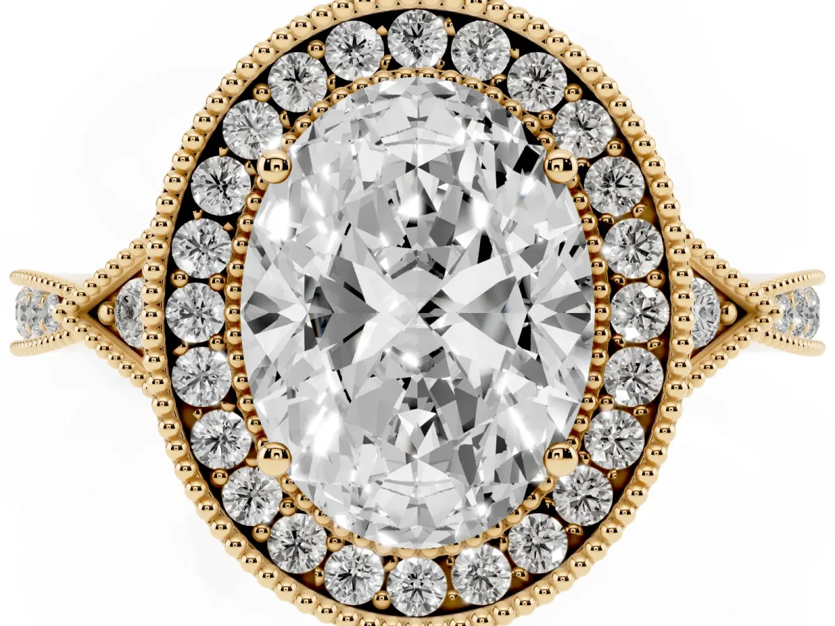 Oval Cut Halo Round Diamond Milgrain Pave Engagement Ring Yellow gold