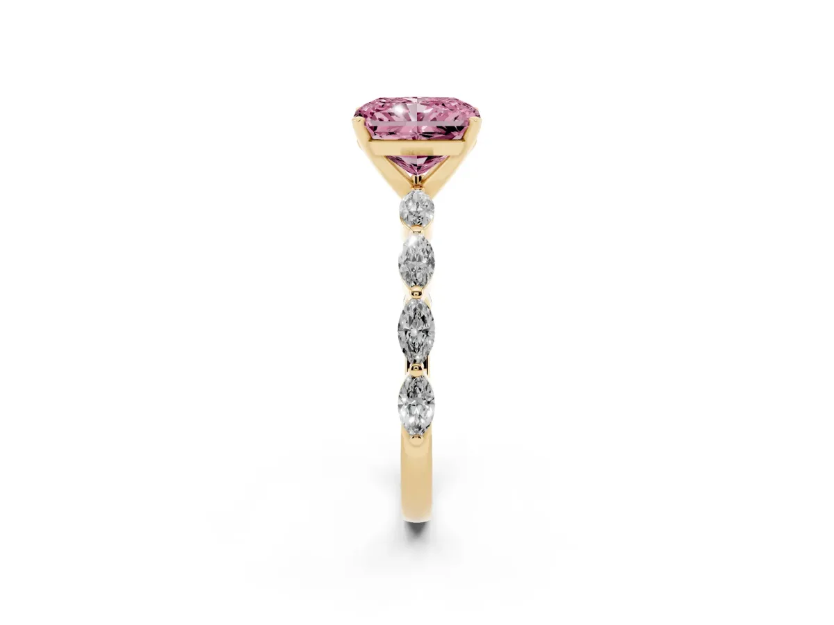 Fancy Pink Radiant Cut Diamond Ring with Marquise Side Stones and Prong Setting Yellow gold