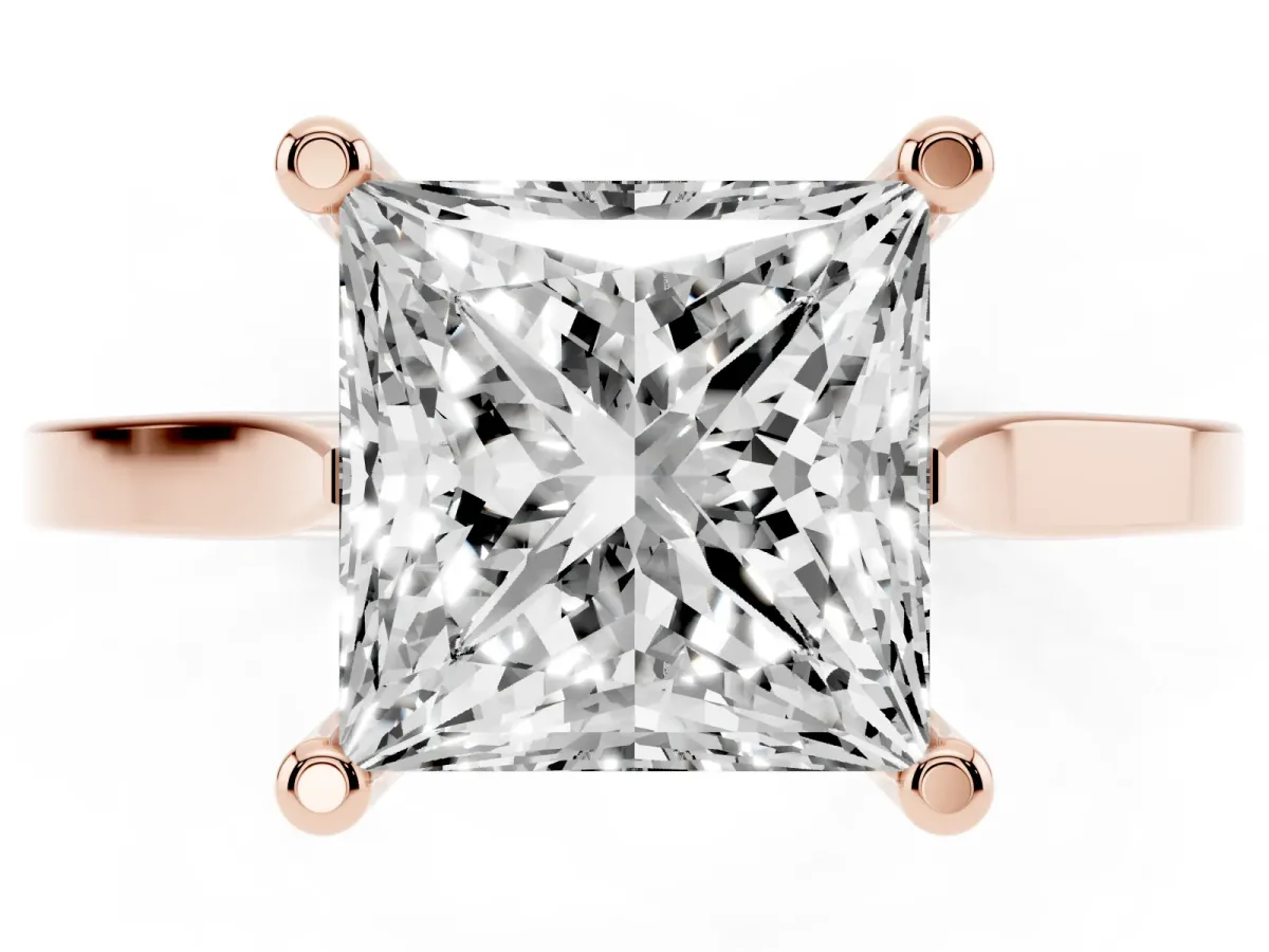 Princess Cut Solitaire Diamond Ring with Four-Prong Setting and Tapered Band Rose gold