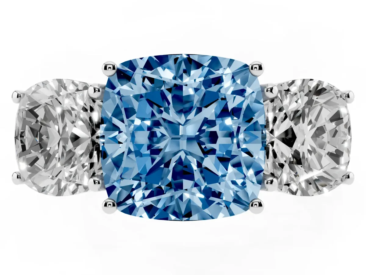 Fancy Blue Three-Stone Cushion Cut Diamond Braided Band Ring with Four-Prong Setting Platinum