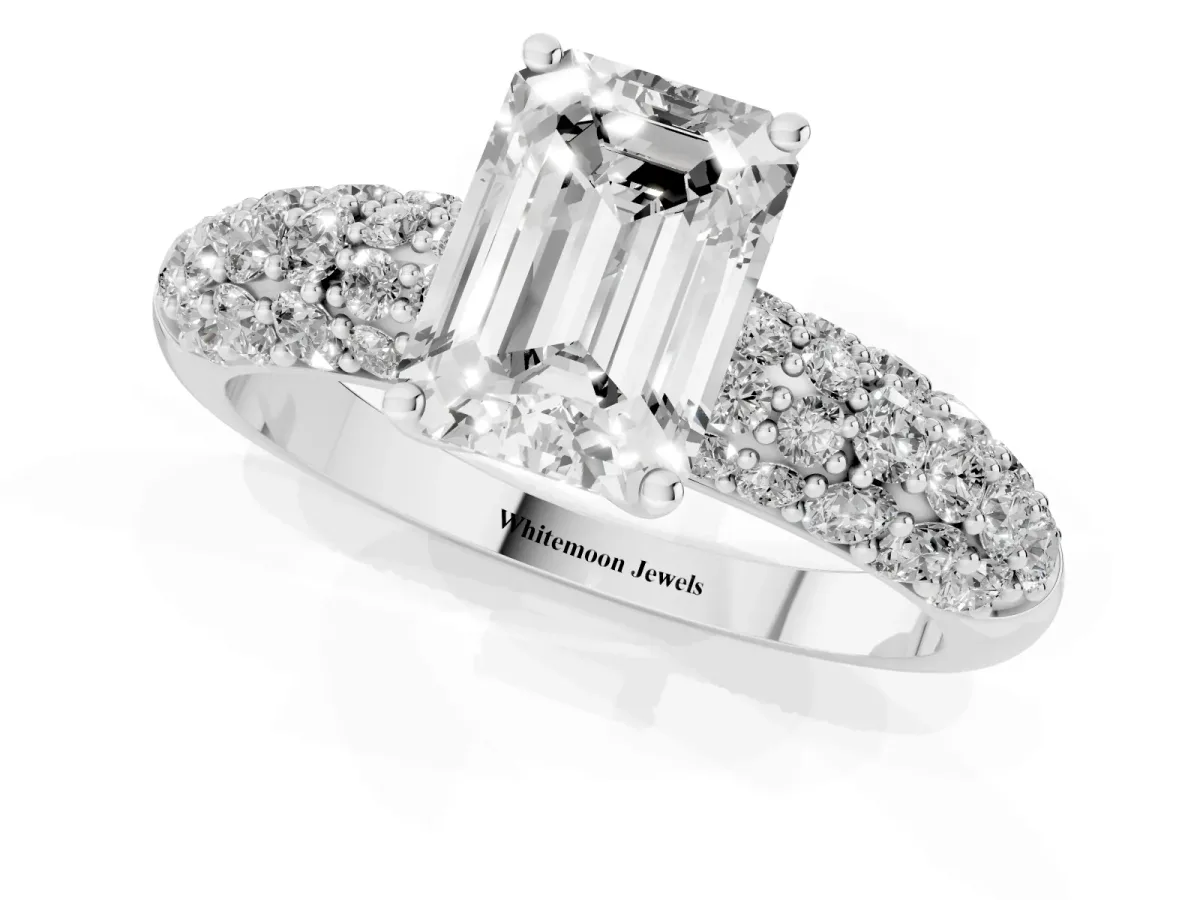 Emerald Cut Diamond Pavé Band Solitaire Ring with Four-Prong Setting Silver