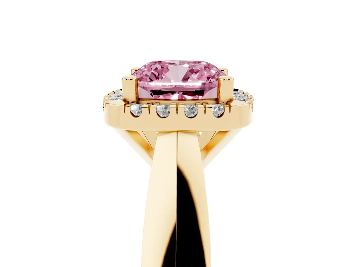 Fancy Pink Cushion Cut Cut Halo Solitaire Engagement Ring with Square Band and Four-Prong Setting Yellow gold