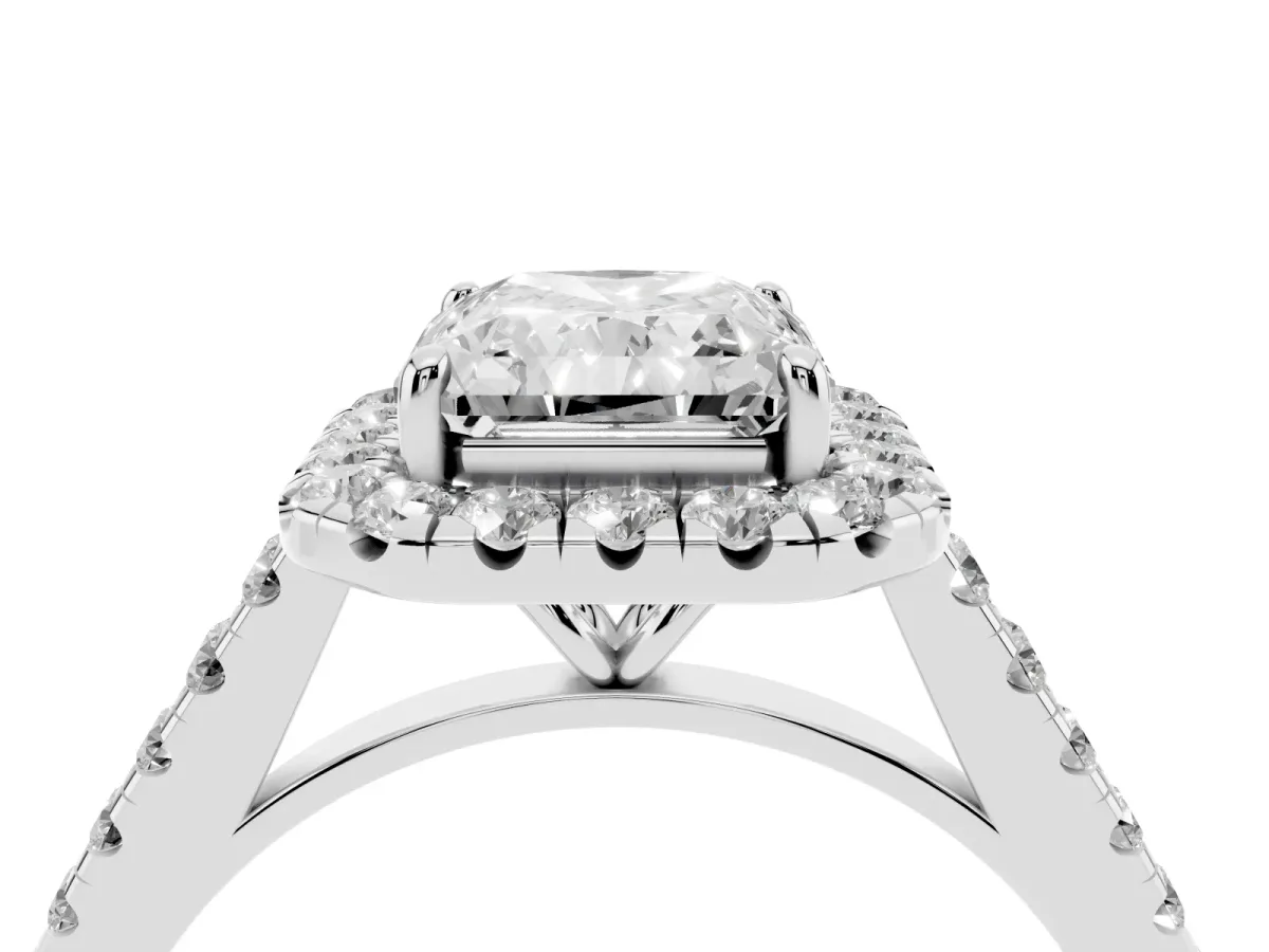 Radiant Cut Halo Pave Diamond Engagement Ring with Four-Prong Setting Silver