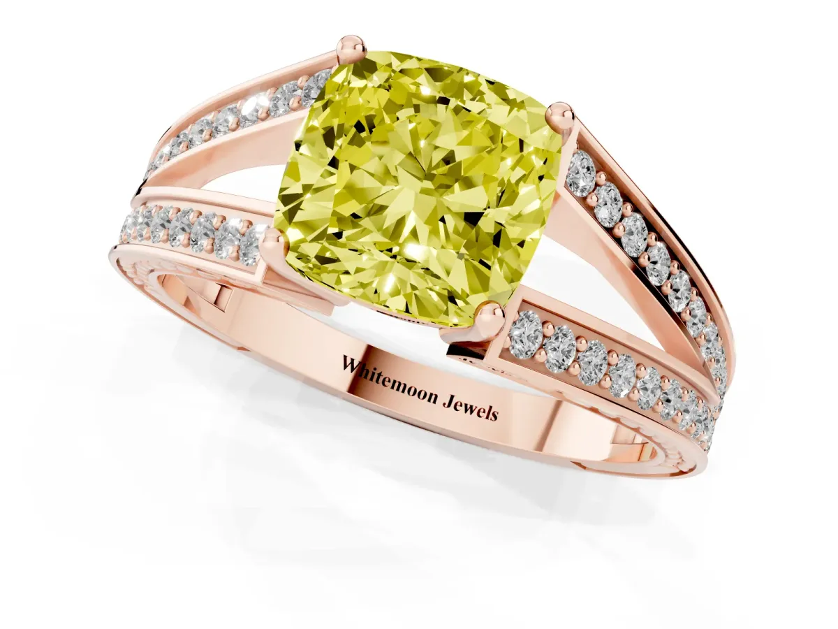 Fancy Yellow Cushion Cut Diamond Split Shank Ring with Pavé Band and Four-Prong Setting Rose gold