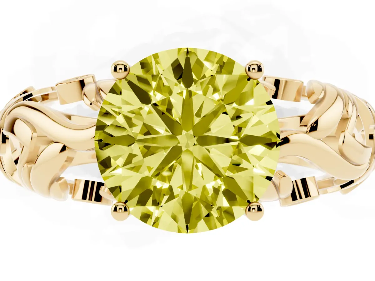 Fancy Yellow Round Cut Solitaire Diamond Leaf-Inspired Vine Band Ring with Prong Setting Yellow gold