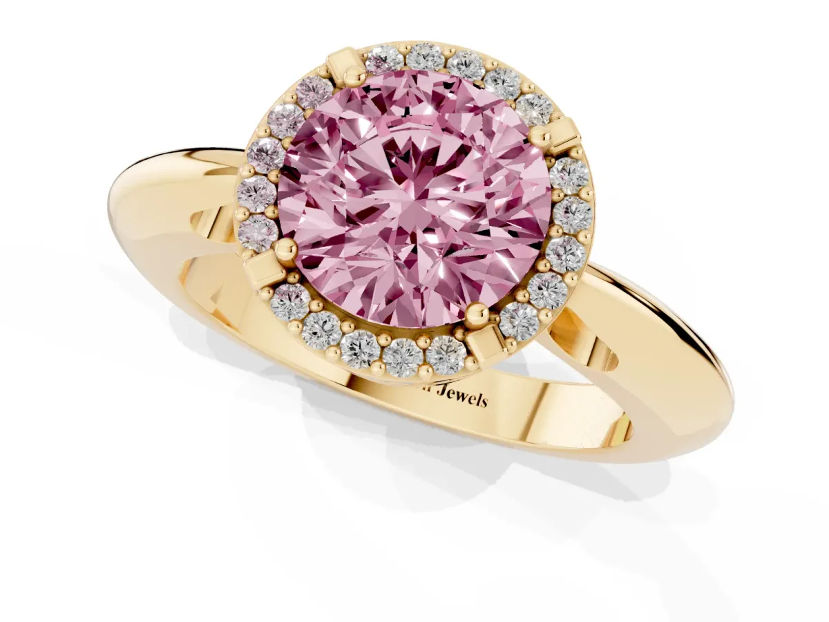 Fancy Pink Round Cut Cut Diamond Halo Engagement Ring with Split Shank and Four-Prong Setting Yellow gold
