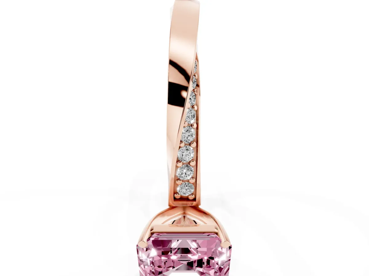Fancy Pink Asscher Cut Diamond Engagement Ring with Side Stone Accents and Four-Prong Setting Rose gold