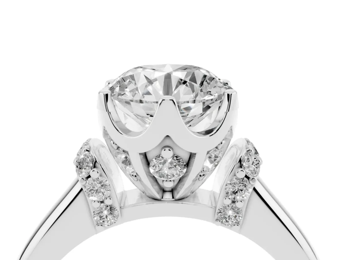 Round Cut Brilliant Solitaire Cathedral Engagement Ring with Pave Accents Silver
