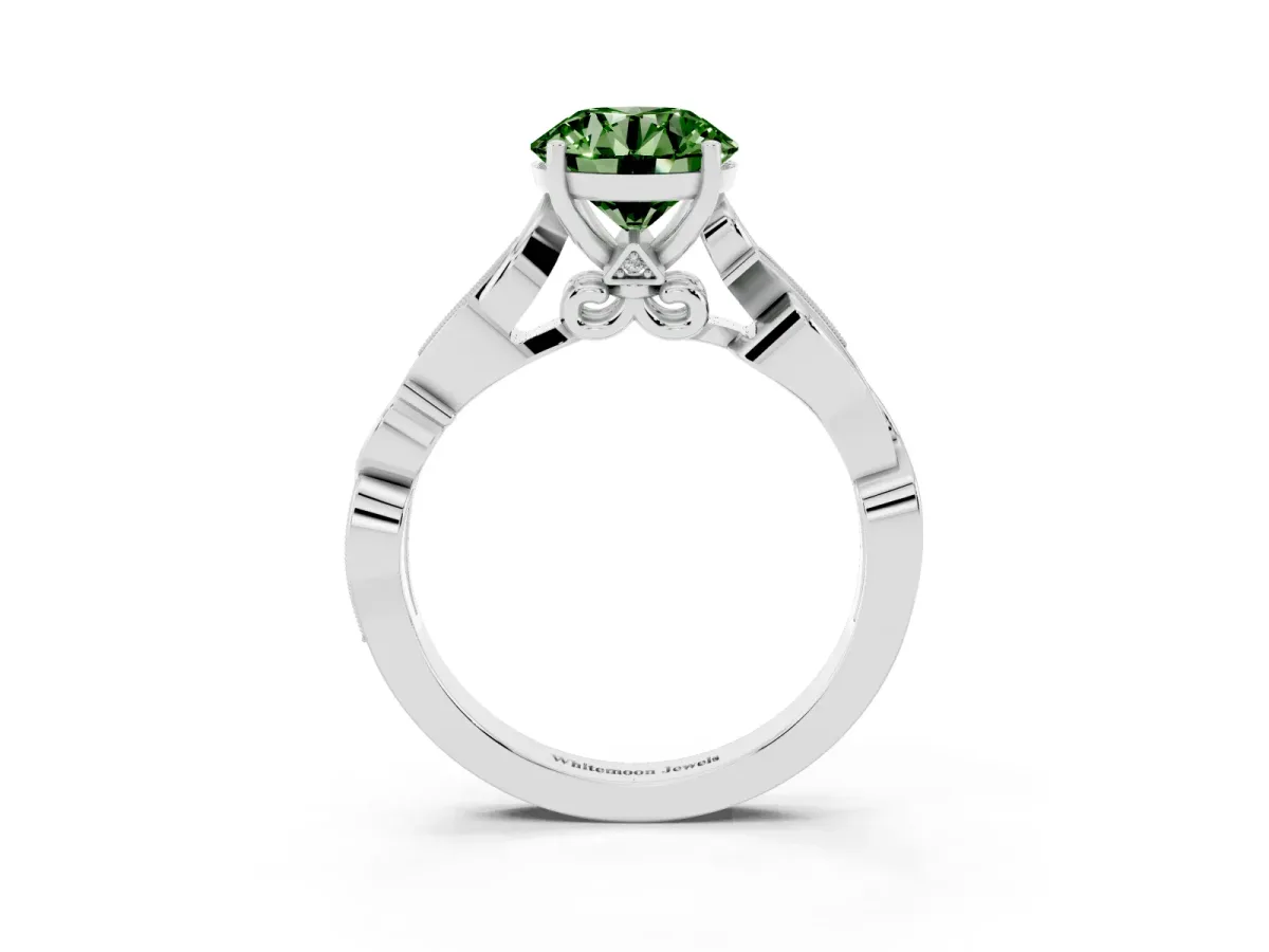 Fancy Green Round Cut Solitaire Vine Band with Milgrain Prong Setting Silver