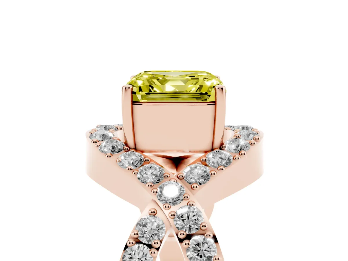 Fancy Yellow Asscher Cut Solitaire Twist Band Pavé Diamond Engagement Ring Rose gold