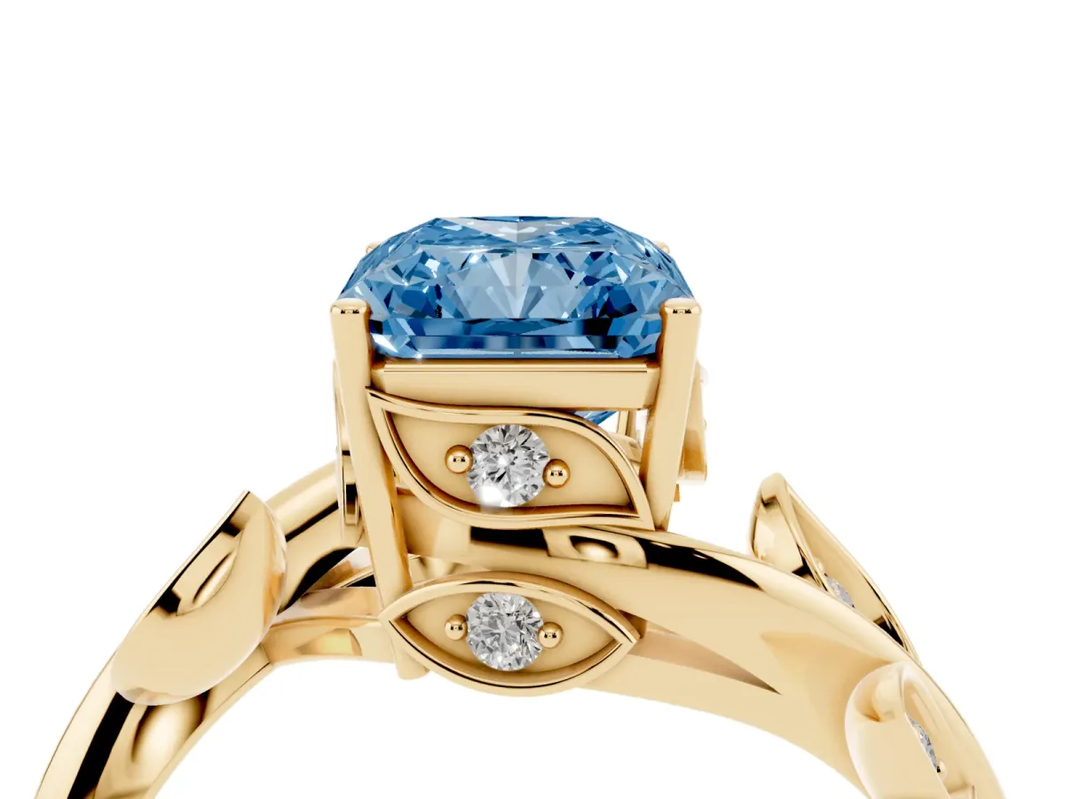Fancy Blue Radiant Cut Solitaire Twist Engagement Ring with Leaf Accents and Prong Setting Yellow gold