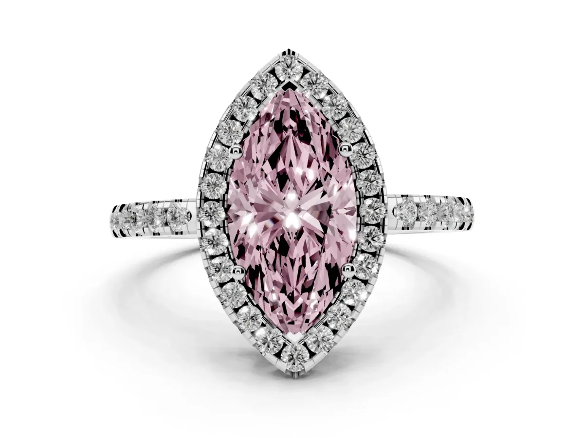 Fancy Pink Marquise Cut Halo Diamond Engagement Ring with Pavé Band and Four-Prong Setting Silver