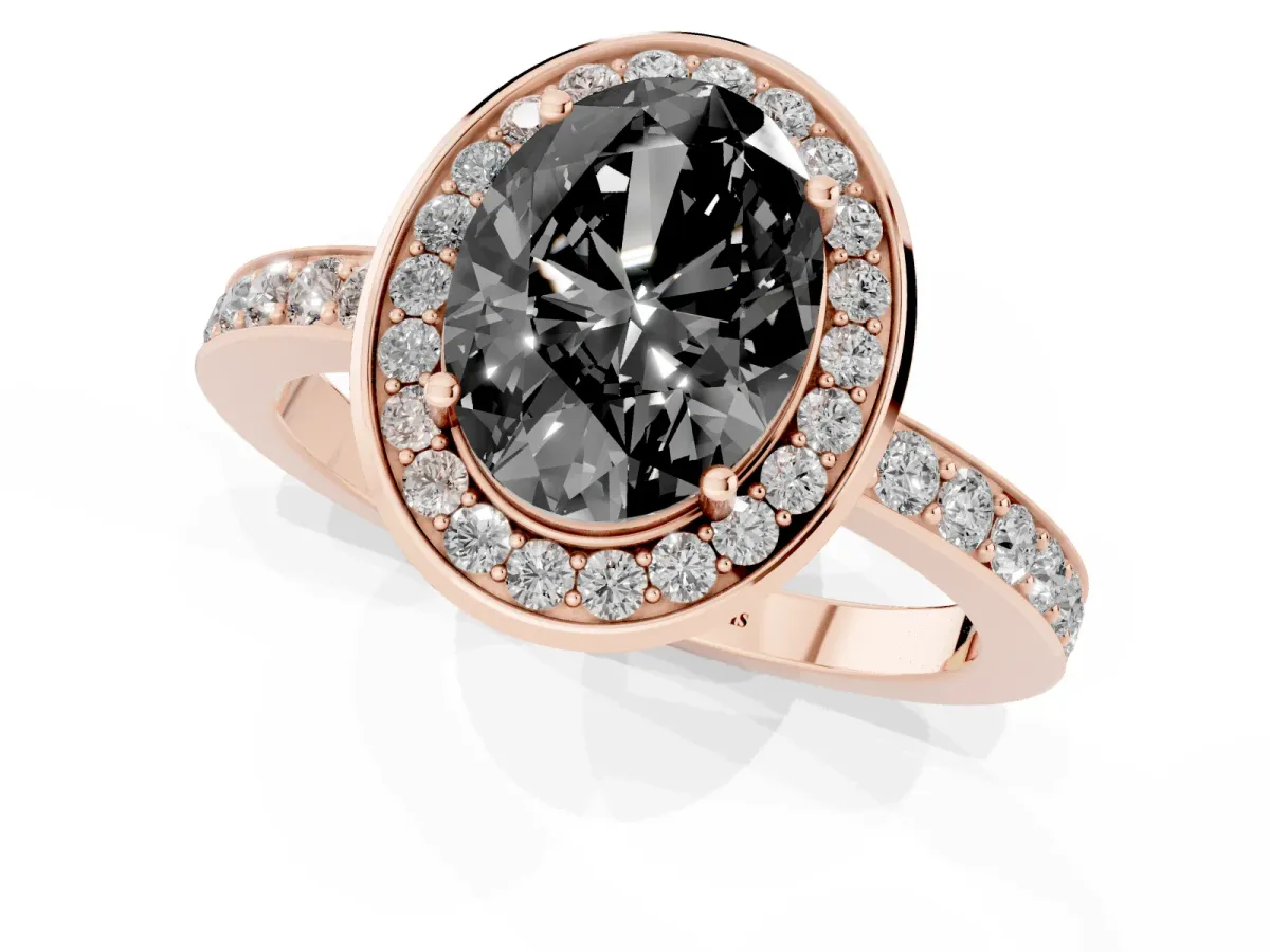 Fancy Black Oval Cut Diamond Halo Ring with Bezel Frame and Pavé Band Rose gold