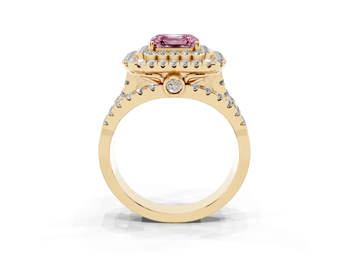 Fancy Pink Asscher Cut Diamond Double Halo Ring with Round Pavé Split Shank and Prong Setting Yellow gold