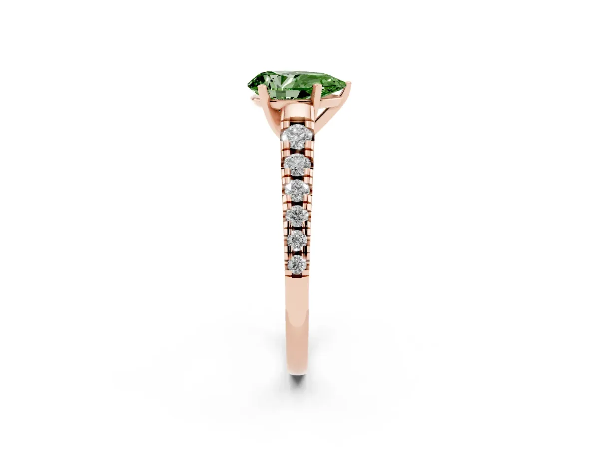 Fancy Green Pear Cut Diamond Cathedral Solitaire Ring with Round Pavé Band Rose gold