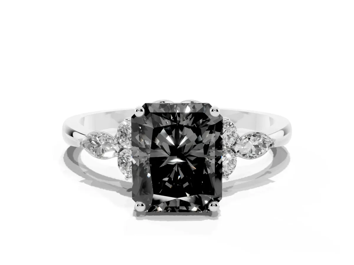Fancy Black Radiant Cut Brilliant Diamond Solitaire Ring with Pear Side Stones and Four-Prong Setting Platinum