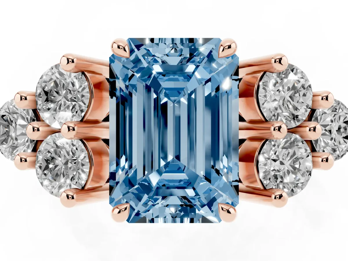 Fancy Blue Emerald Cut Brilliant Diamond Cluster Accent Solitaire Ring with Prong Setting Rose gold