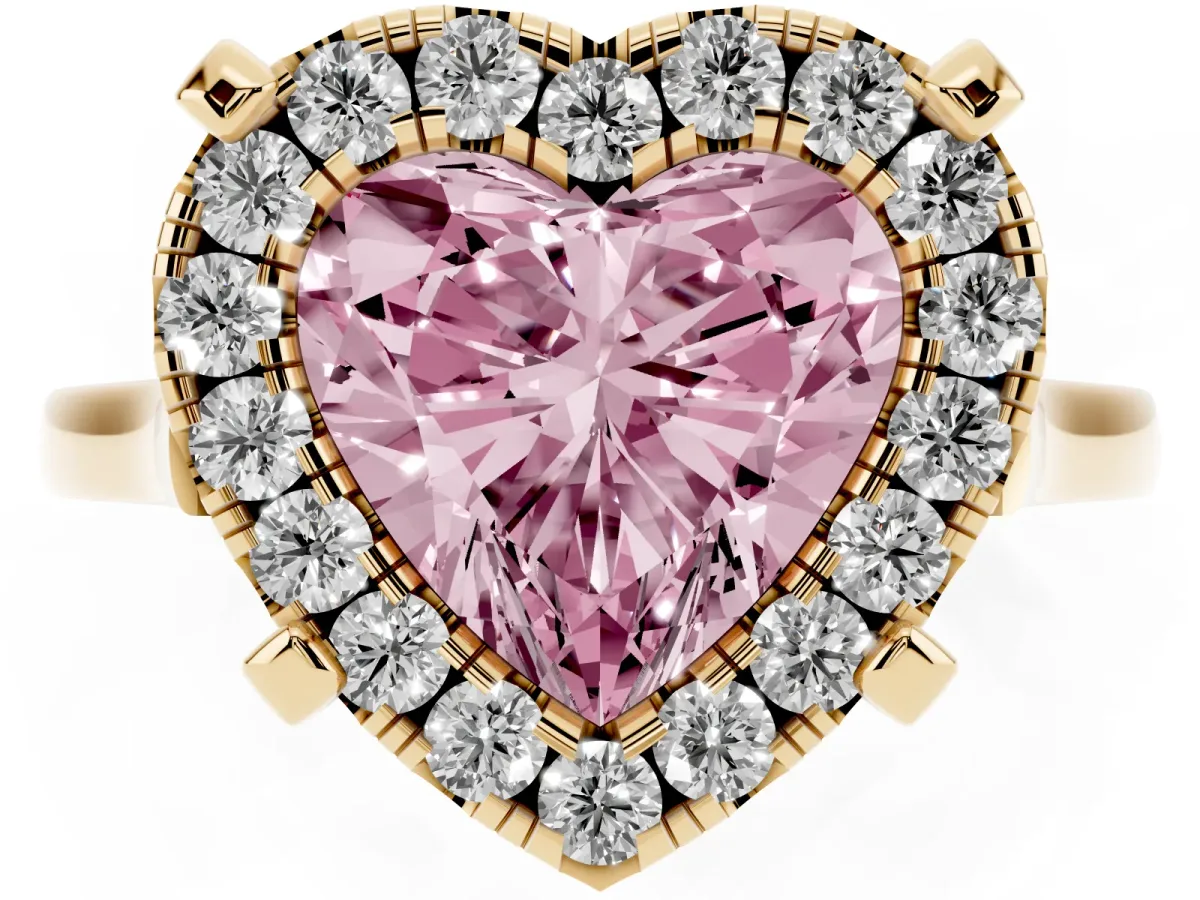 Fancy Pink Heart Cut Diamond Cluster Halo Solitaire with Four-Prong Setting Yellow gold