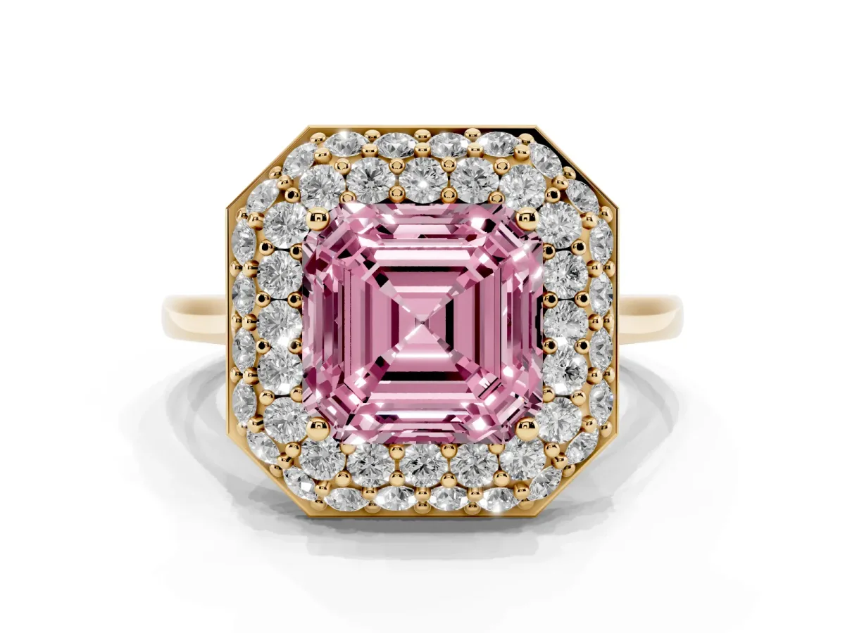 Fancy Pink Asscher Cut Halo Diamond Engagement Ring with Solitaire Band and Four-Prong Setting Yellow gold