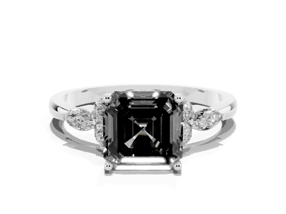 Fancy Black Asscher Cut Brilliant Diamond Solitaire Ring with Pear Side Stones and Four-Prong Setting Silver