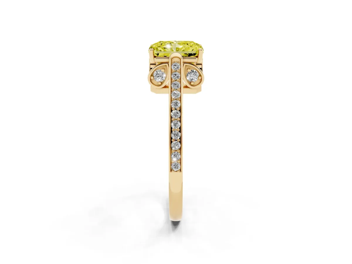 Fancy Yellow Radiant Cut Cut Cathedral Pave Diamond Engagement Ring with Six-Prong Setting Yellow gold