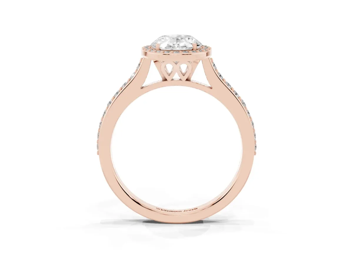 Oval Cut Diamond Halo Engagement Ring with Round Pavé Shoulders and Prong Setting Rose gold