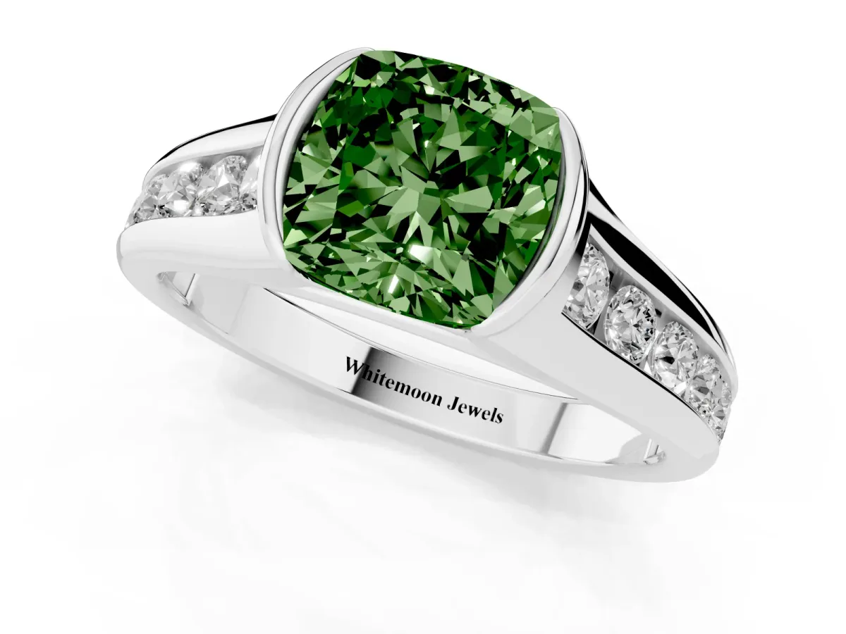 Fancy Green Cushion Cut Solitaire Bezel-Set Diamond Ring with Channel-Set Band Silver