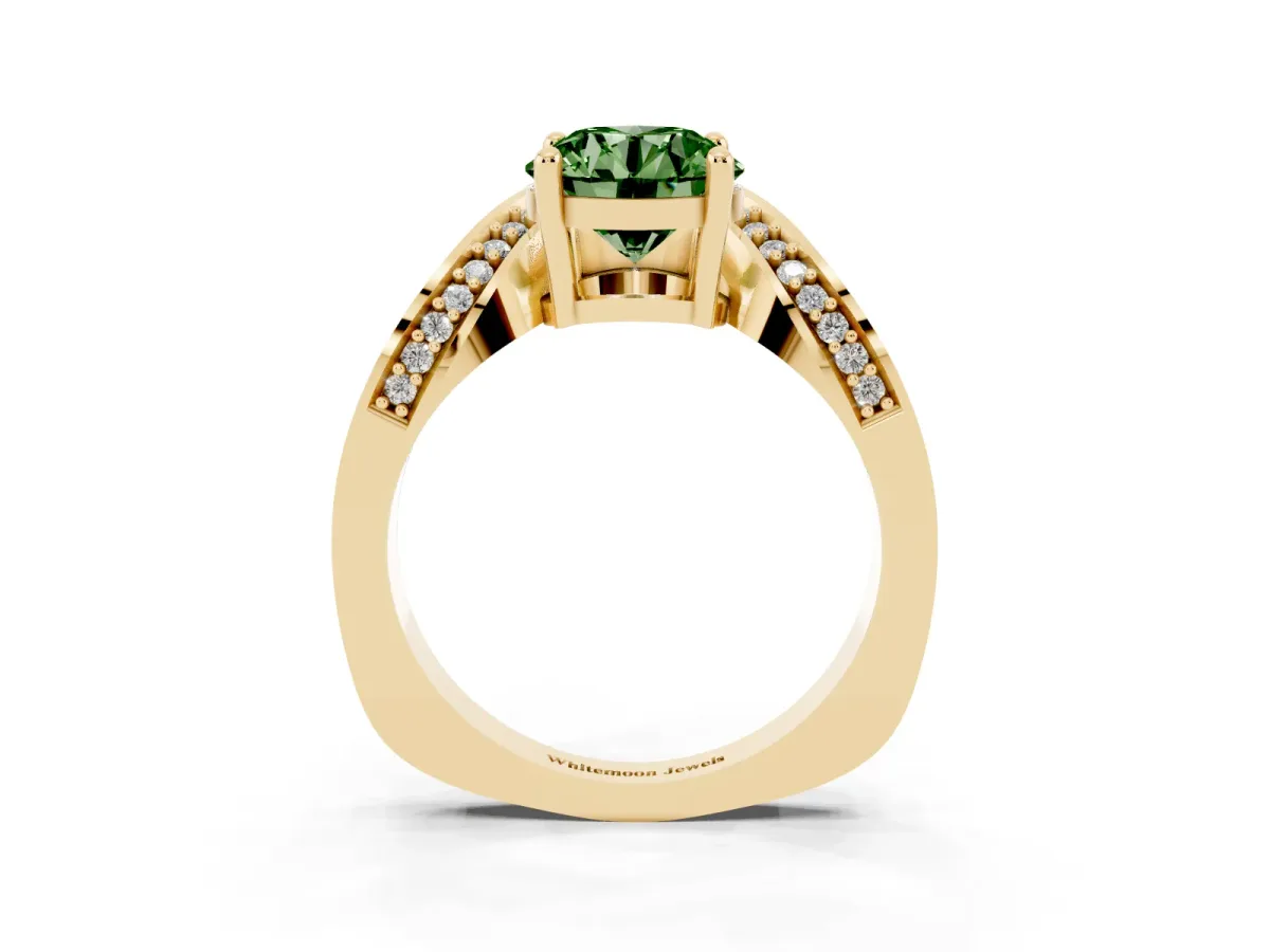 Fancy Green Round Cut Solitaire Diamond Engagement Ring with Pave Band and Four-Prong Setting Yellow gold
