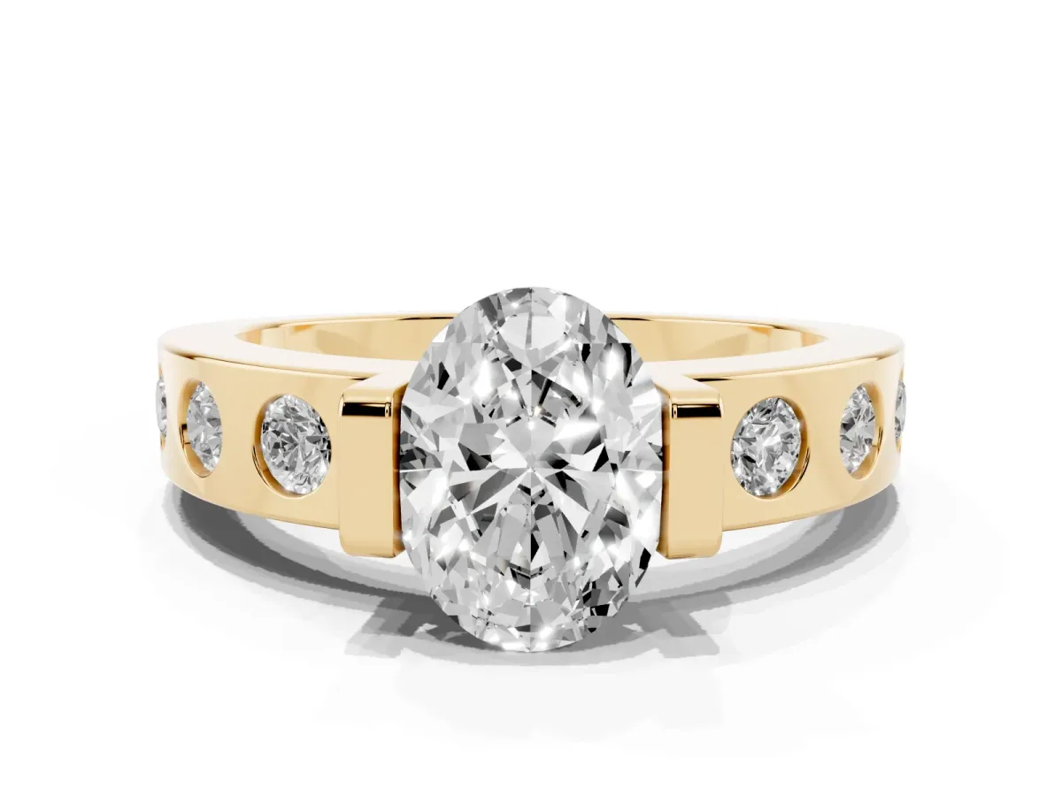 Oval Cut Brilliant Channel-Set Diamond Ring with Bezel Prong Setting Yellow gold