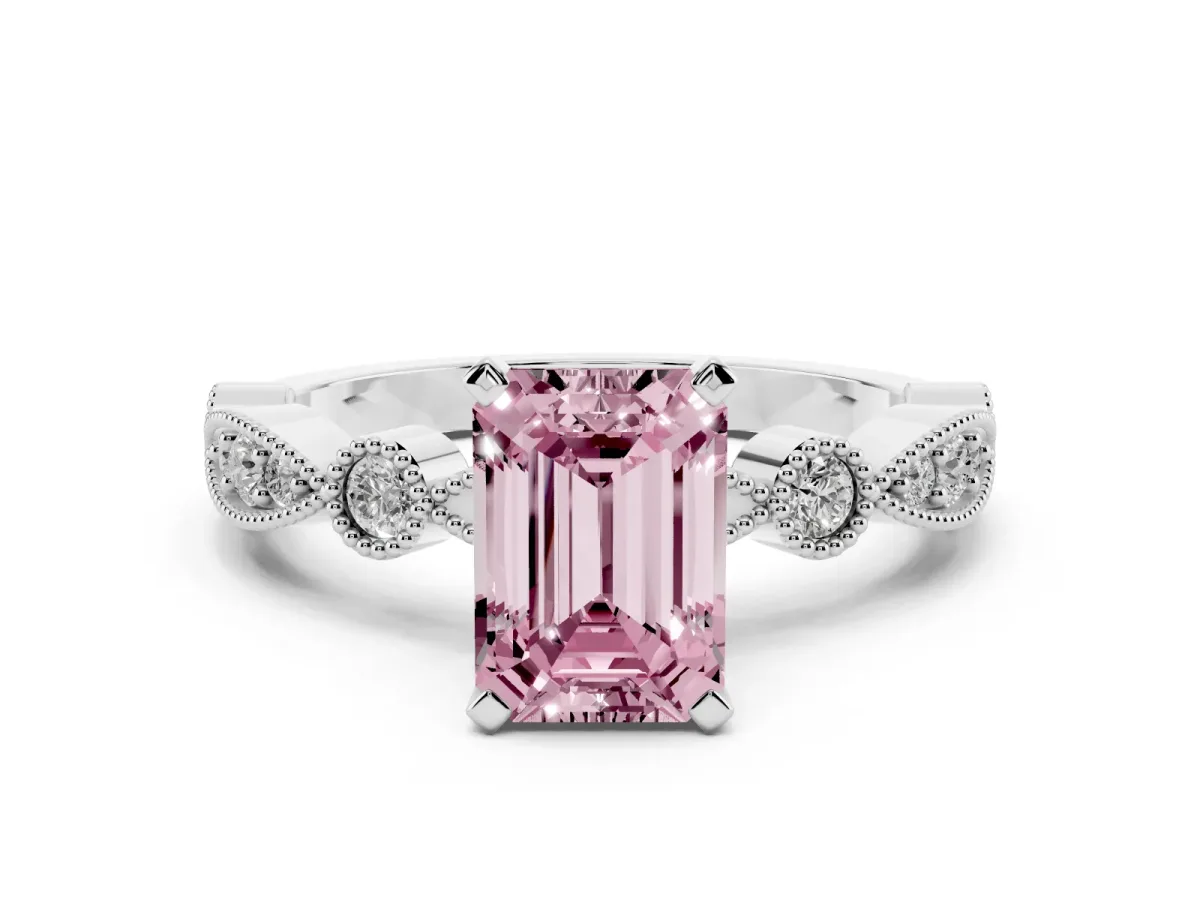 Fancy Pink Emerald Cut Milgrain Bezel Diamond Engagement Ring with Solitaire Prong Setting White gold