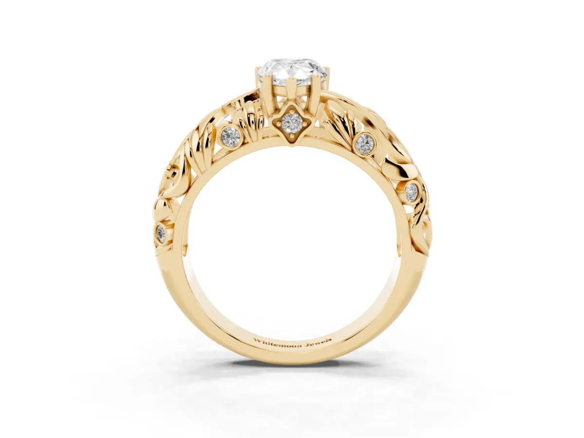 Pear Cut Solitaire Diamond Leaf-Inspired Vine Band Ring with Prong Setting Yellow gold
