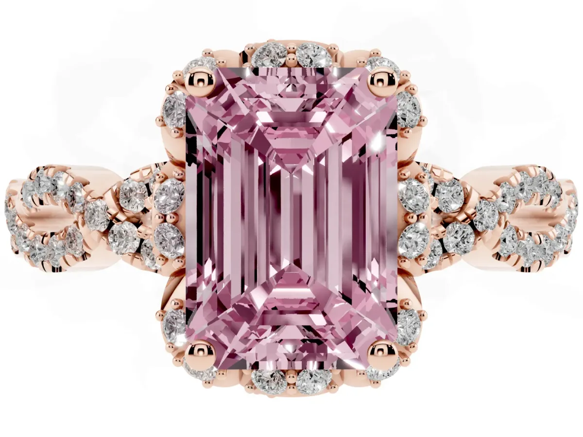 Fancy Pink Emerald Cut Halo Twist Band Solitaire Ring with Six-Prong Setting Rose gold