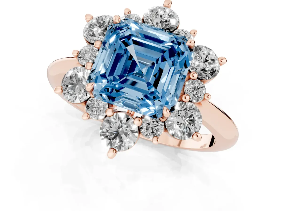 Fancy Blue Asscher Cut Diamond Cluster Halo Ring with Solitaire Band and Four-Prong Setting Rose gold