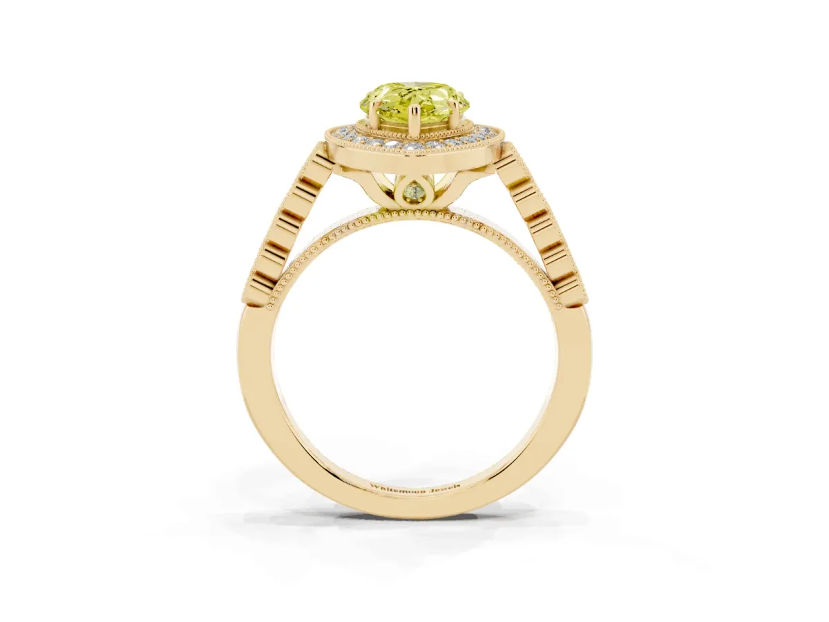 Fancy Yellow Pear Cut Halo Milgrain Solitaire with Bezel Set Side Stones and Pave Band Yellow gold