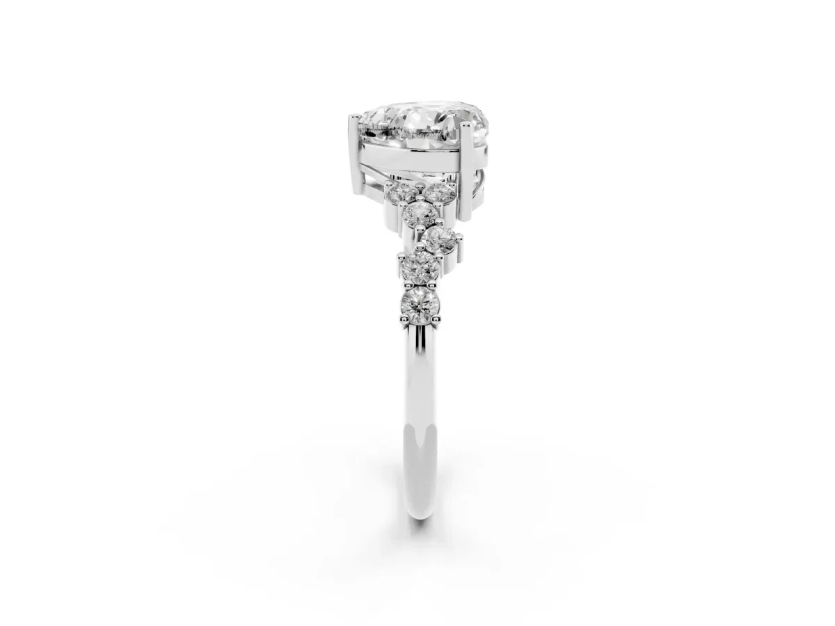 Heart Cut Diamond Scattered Round Accent Ring with Prong Setting Silver
