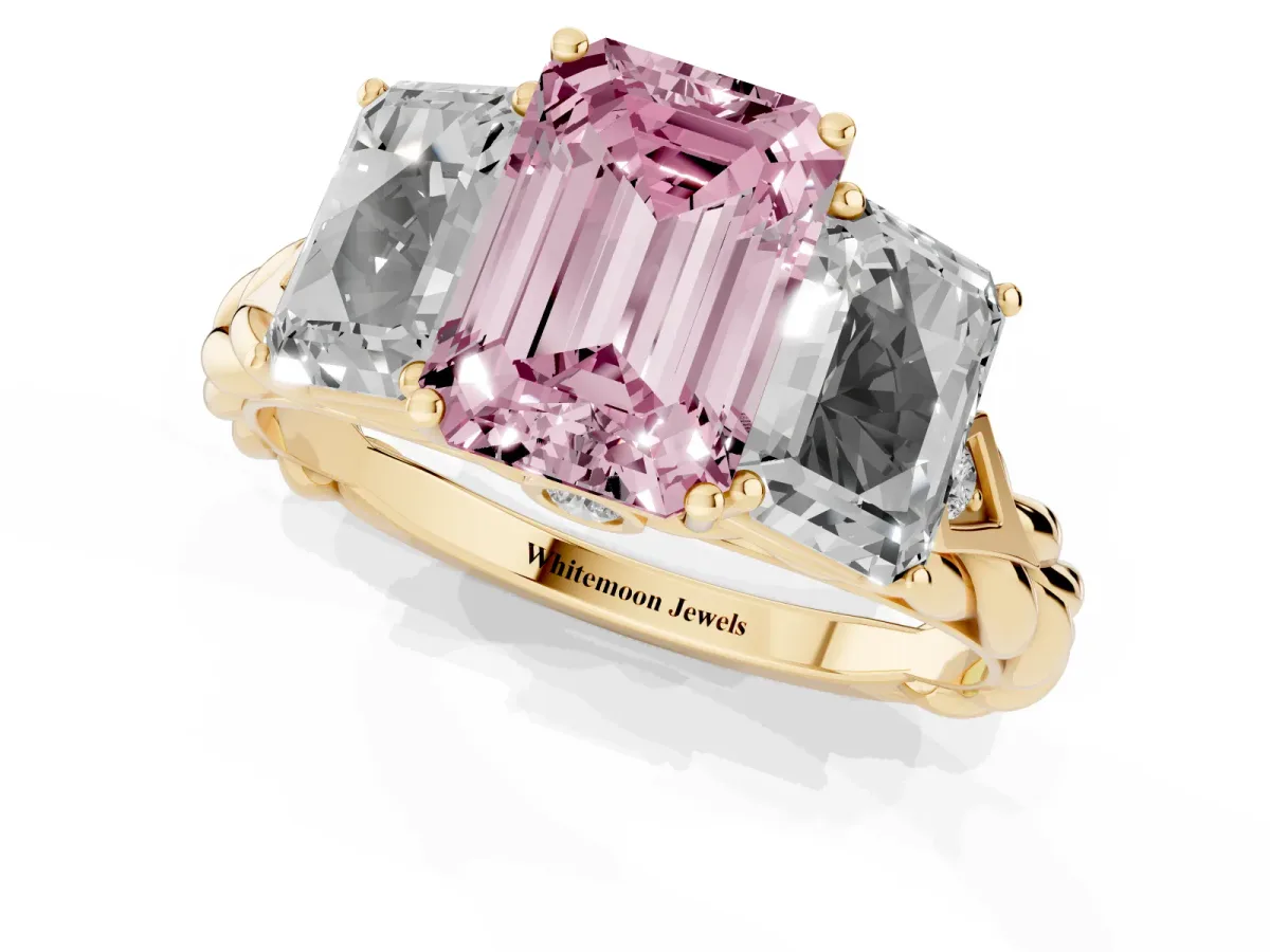 Fancy Pink Three-Stone Radiant Cut Diamond Braided Band Ring with Four-Prong Setting Yellow gold