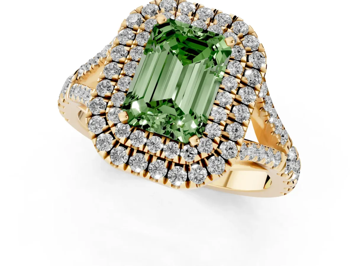 Fancy Green Emerald Cut Diamond Pavé Split Shank Double Halo Engagement Ring Yellow gold