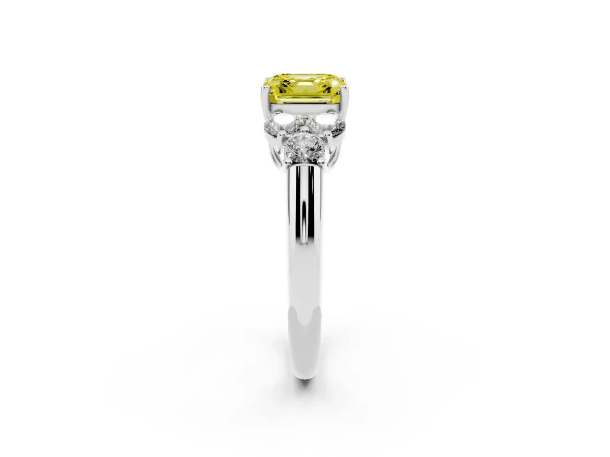 Fancy Yellow Asscher Cut Cut Diamond Cluster Ring with Round Accent Stones and Prong Setting on a Classic Band White gold