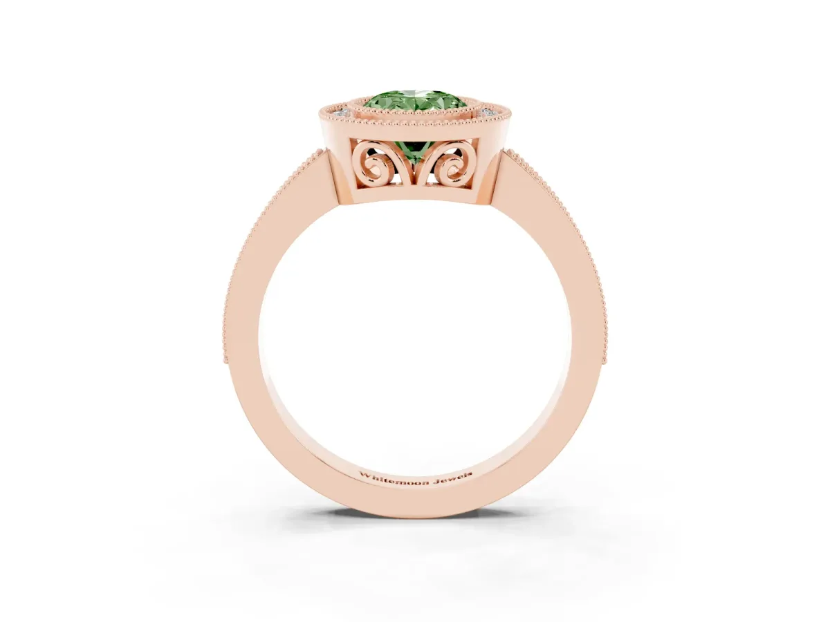 Fancy Green Oval Cut Cut Halo Diamond Ring with Pavé Band and Milgrain Prong Setting Rose gold