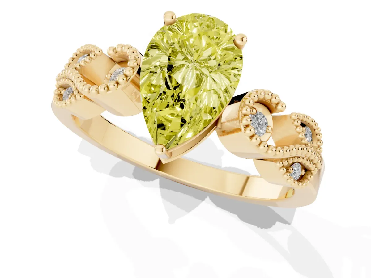 Fancy Yellow Pear Cut Solitaire Milgrain Leaf Band with Prong Setting Yellow gold