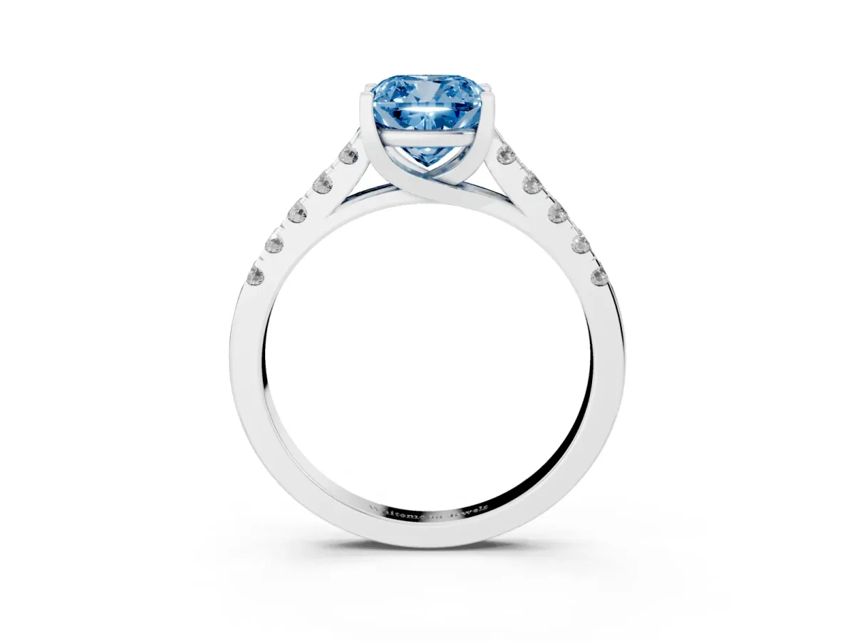 Fancy Blue Cushion Cut Diamond Pavé Band Solitaire Ring with Prong Setting Platinum