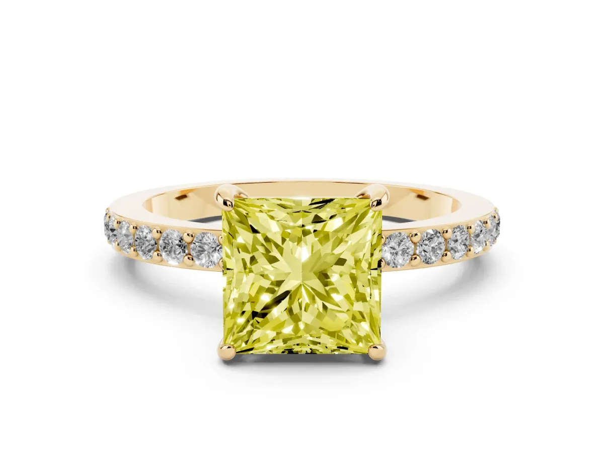Fancy Yellow Princess Cut Diamond Solitaire Engagement Ring with Pavé Band and Four-Prong Setting Yellow gold