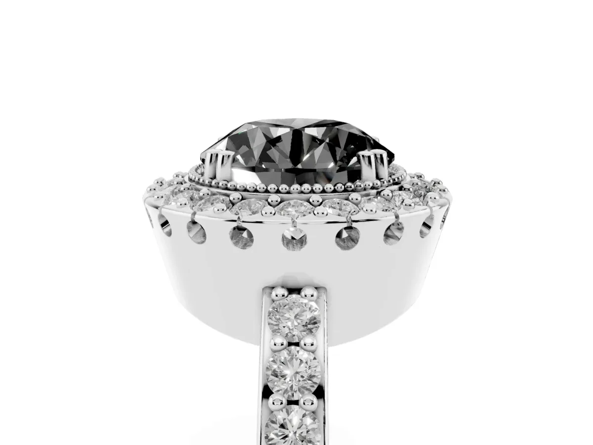 Fancy Black Round Cut Diamond Halo Ring with Pavé Band and Prong Setting Silver