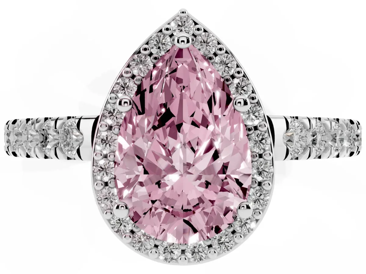 Fancy Pink Pear Cut Cut Halo Diamond Engagement Ring with Pave Band and Four-Prong Setting Platinum