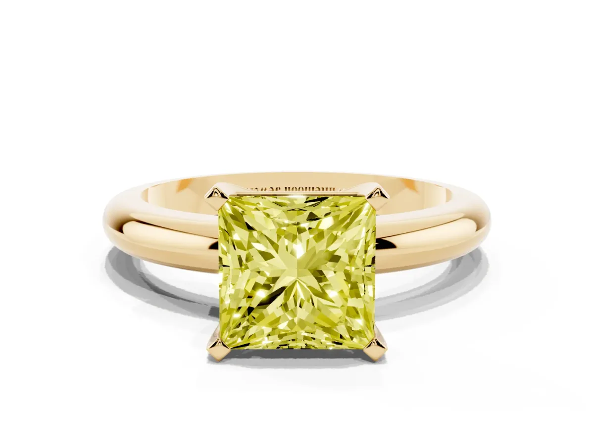 Fancy Yellow Princess Cut Diamond Solitaire Engagement Ring with Round Band and Four-Prong Setting Yellow gold