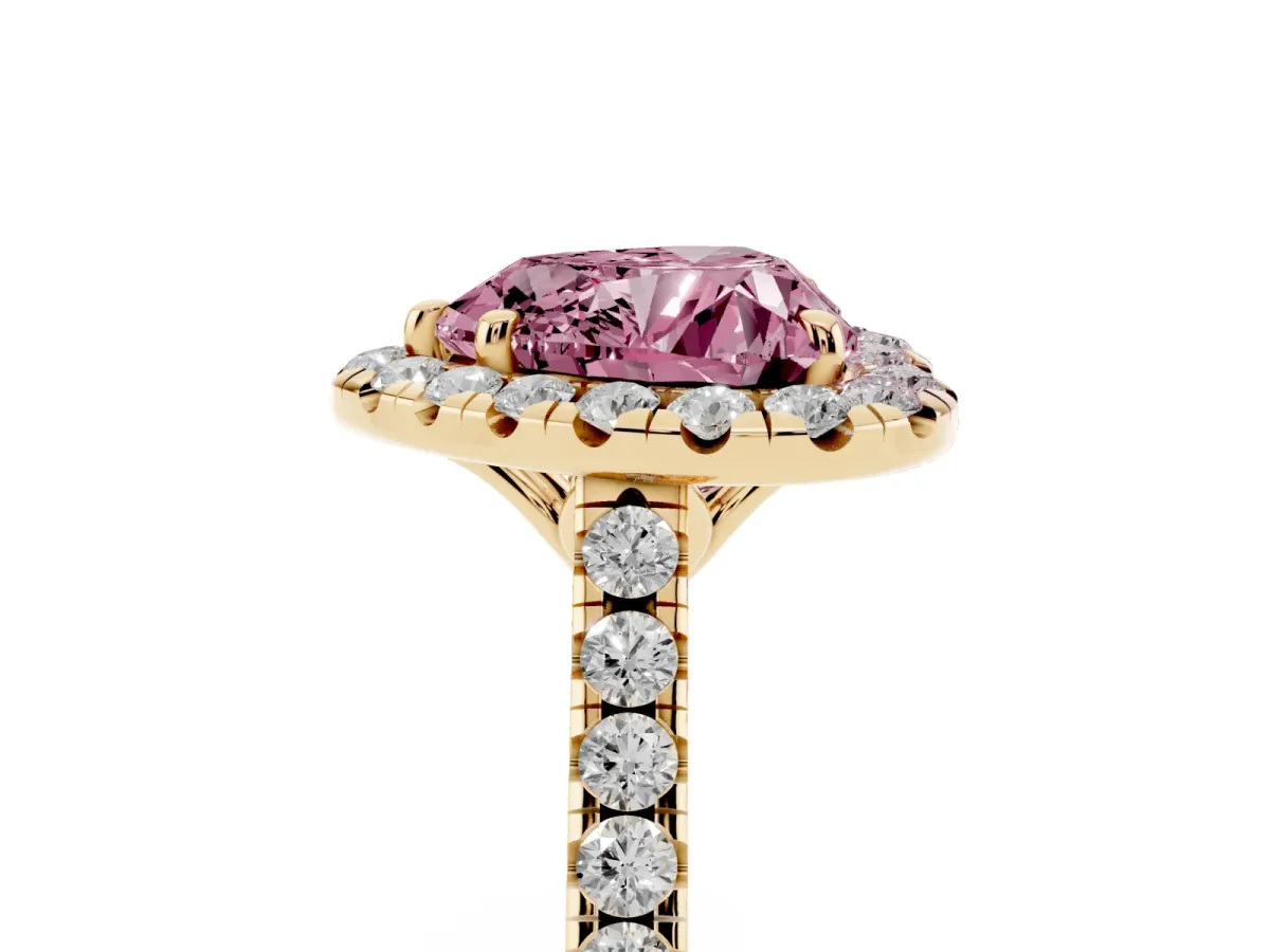 Fancy Pink Heart Cut Halo Pavé Diamond Engagement Ring with Four-Prong Setting Yellow gold