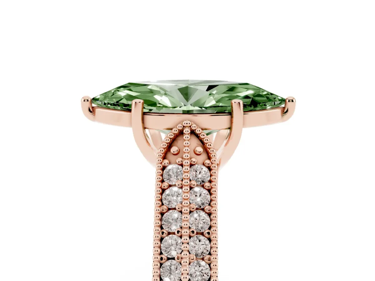 Fancy Green Marquise Cut Cut Pave Split Shank Engagement Ring with Four-Prong Setting Rose gold