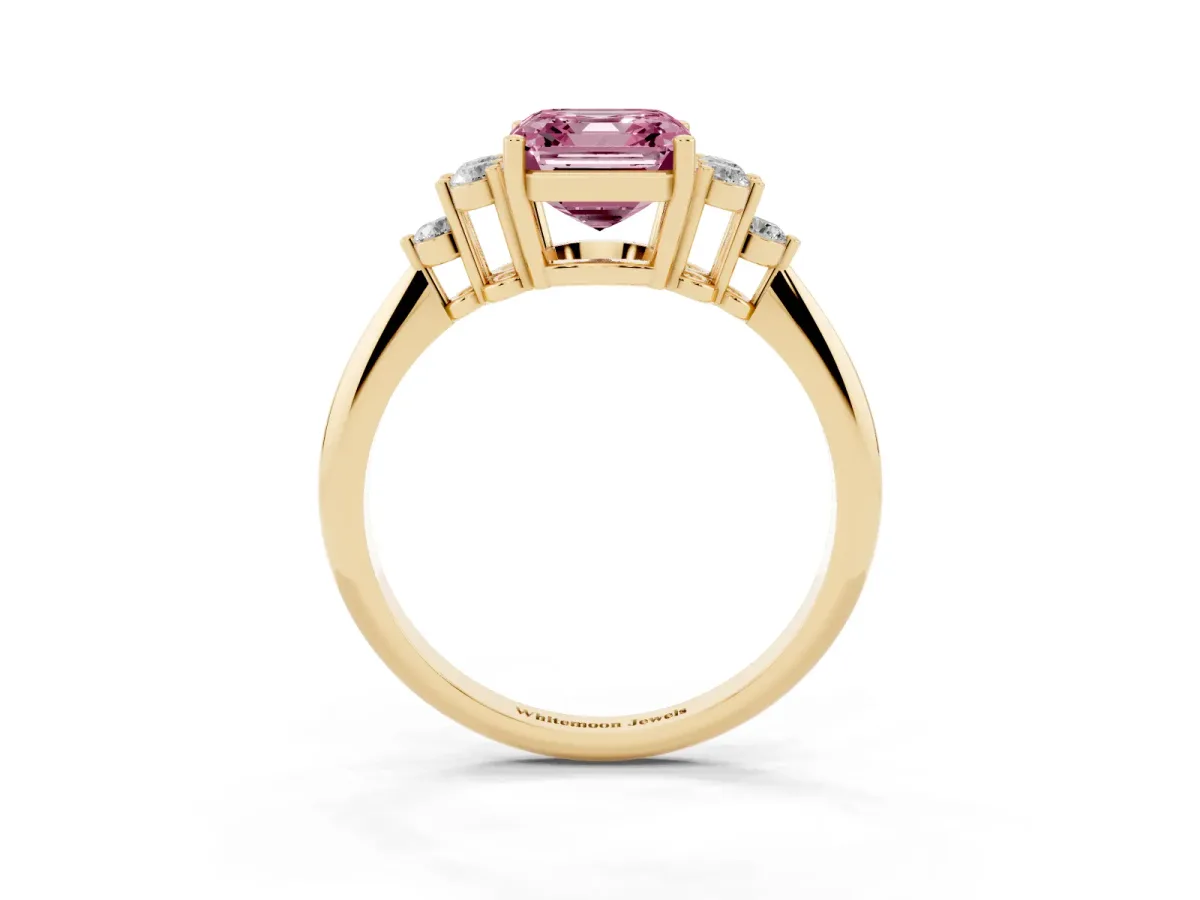 Fancy Pink Asscher Cut Cut Diamond Cluster Ring with Solitaire Band and Four-Prong Setting Yellow gold